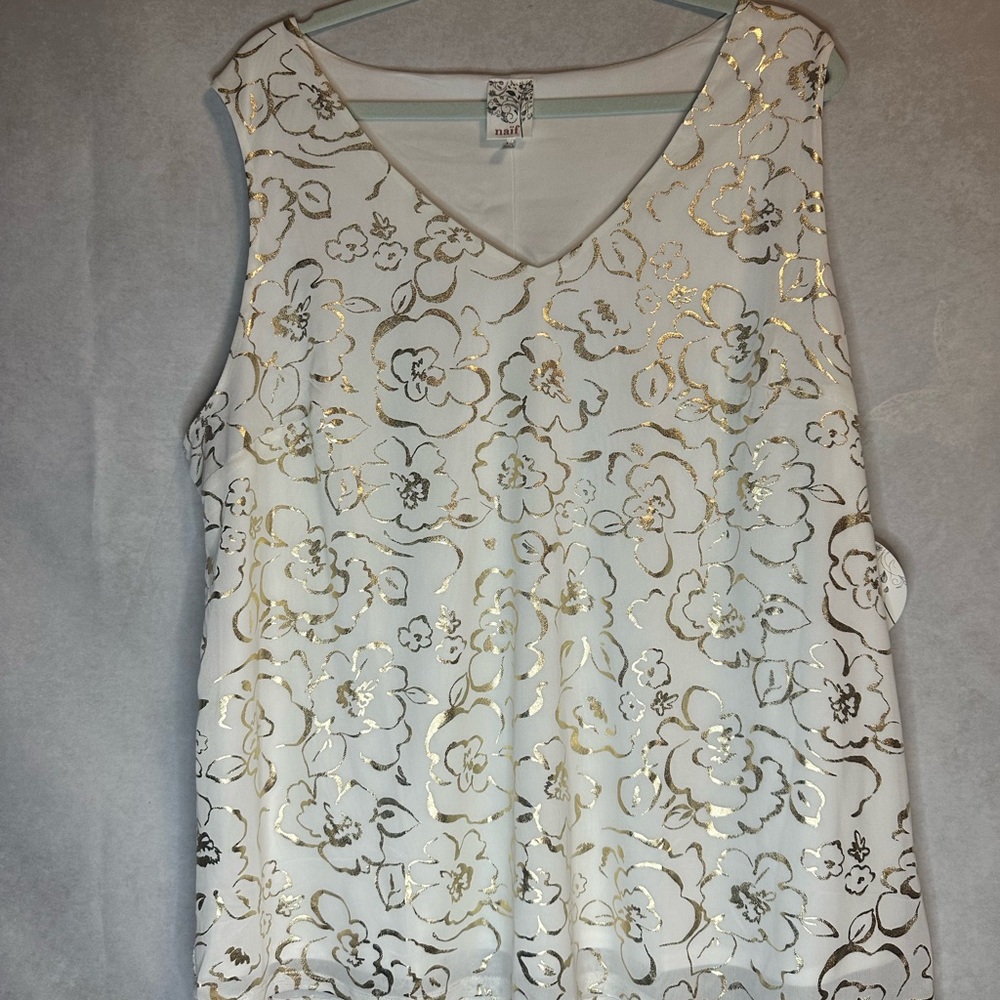 NAIF Elegant Gold Floral Sleeveless Top White 1X NWT